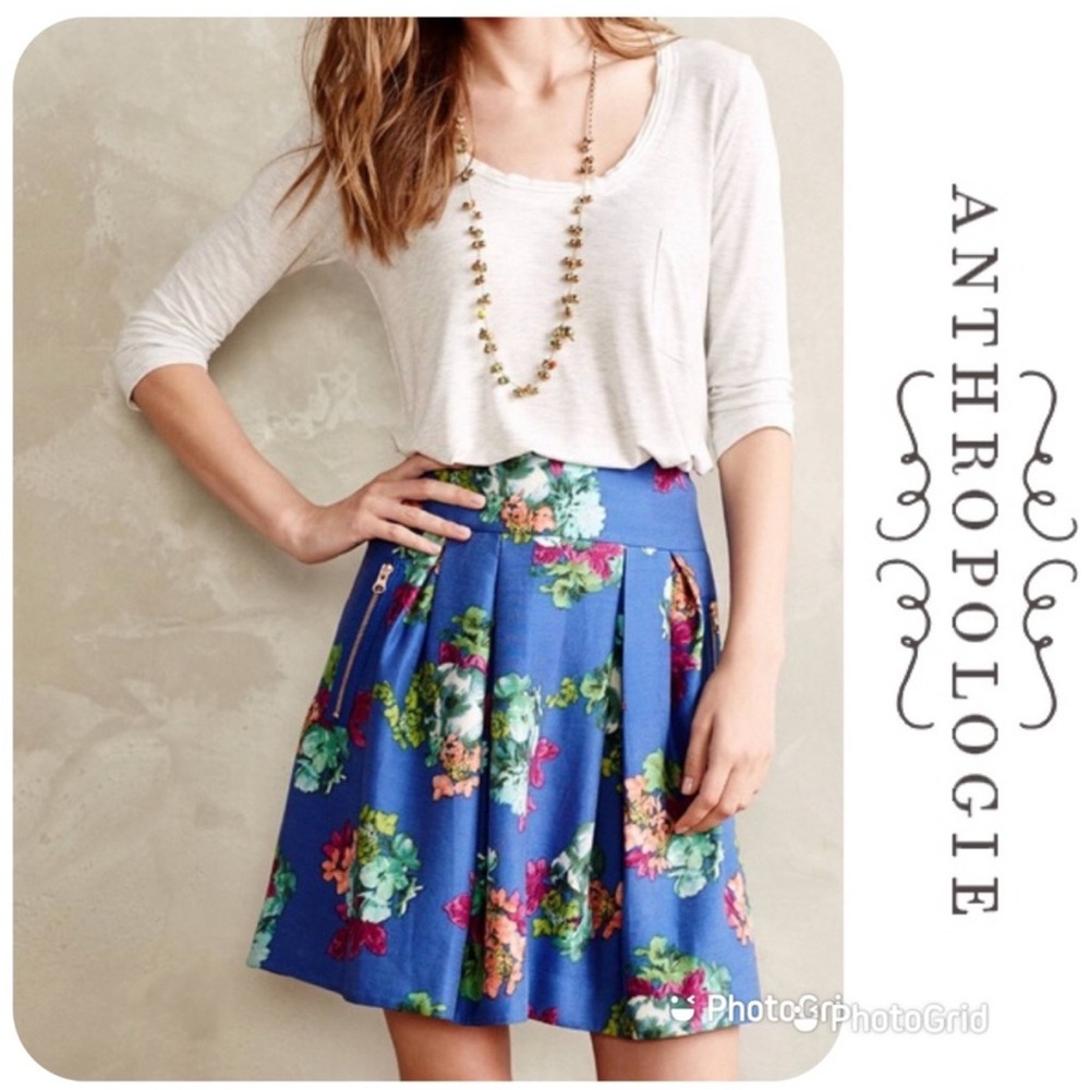 Anthropologie Maeve Garden Days Skirt Blue Floral Full Pleated Sz 10 EUC
